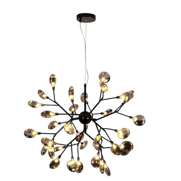 Đèn hera lá thủy tinh TH187A1 loại 45 bóng dạng cành thân đen, lá thủy tinh trắng trong, KT(mm): 820 x 620